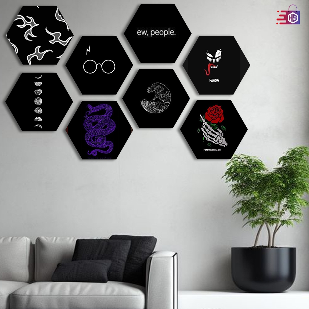 Hiasan dinding hexagonal black aesthetic / poster kayu aesthetic / hiasan kamar / wall decord / COD