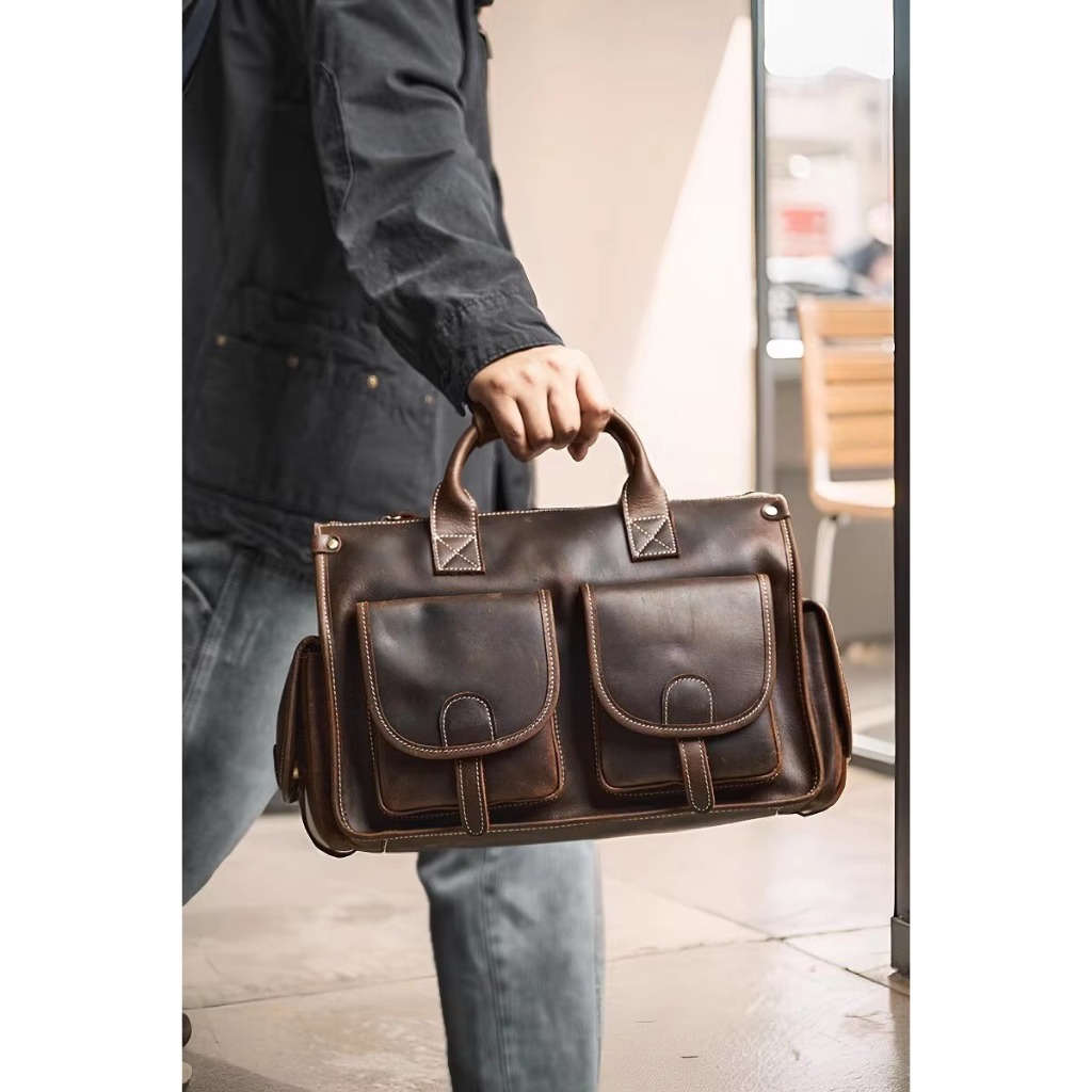 Tas Kerja Pria Kulit Asli Vintage Tas Selempang Kulit Sapi Tas Tangan dengan Laptop 16 inci- Tas Kul