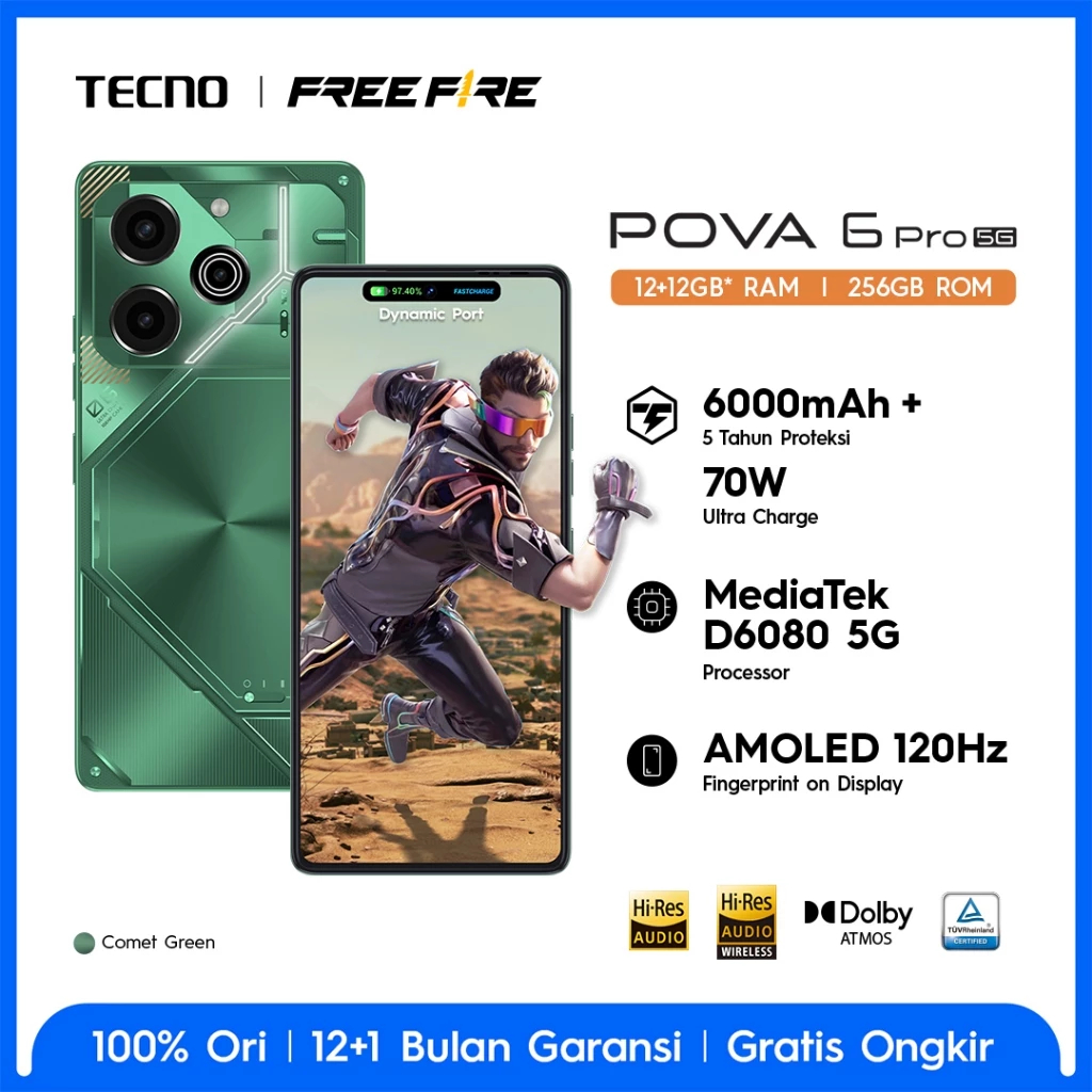 TECNO POVA 6 PRO 5G NFC AMOLED 120Hz 12+12GB*/256GB  32MP 6000mAh 70W - GARANSI RESMI-Comet Green