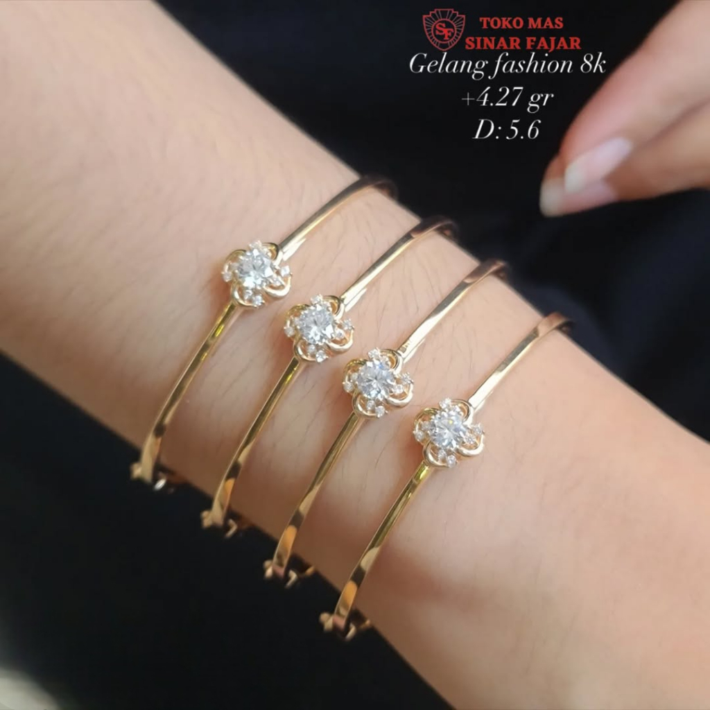 Gelang bangle emas motif bunga variasi spesial kadar 8k/375% kadar muda berat mulai 4.27 gr