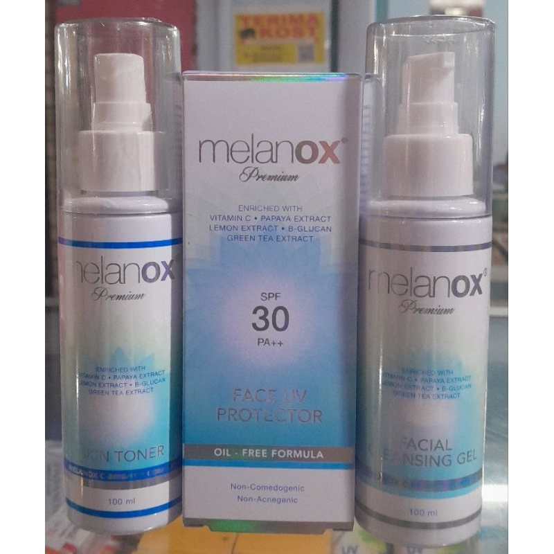 paket melanox cleansing gel , melanox skin toner , melanox uv spf 30 protector