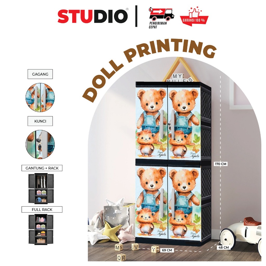 STUDIO - Lemari Pakaian Plastik Jumbo 2 Pintu Gantung + Full Rak + Kaca / Tanpa Kaca Motif Boneka