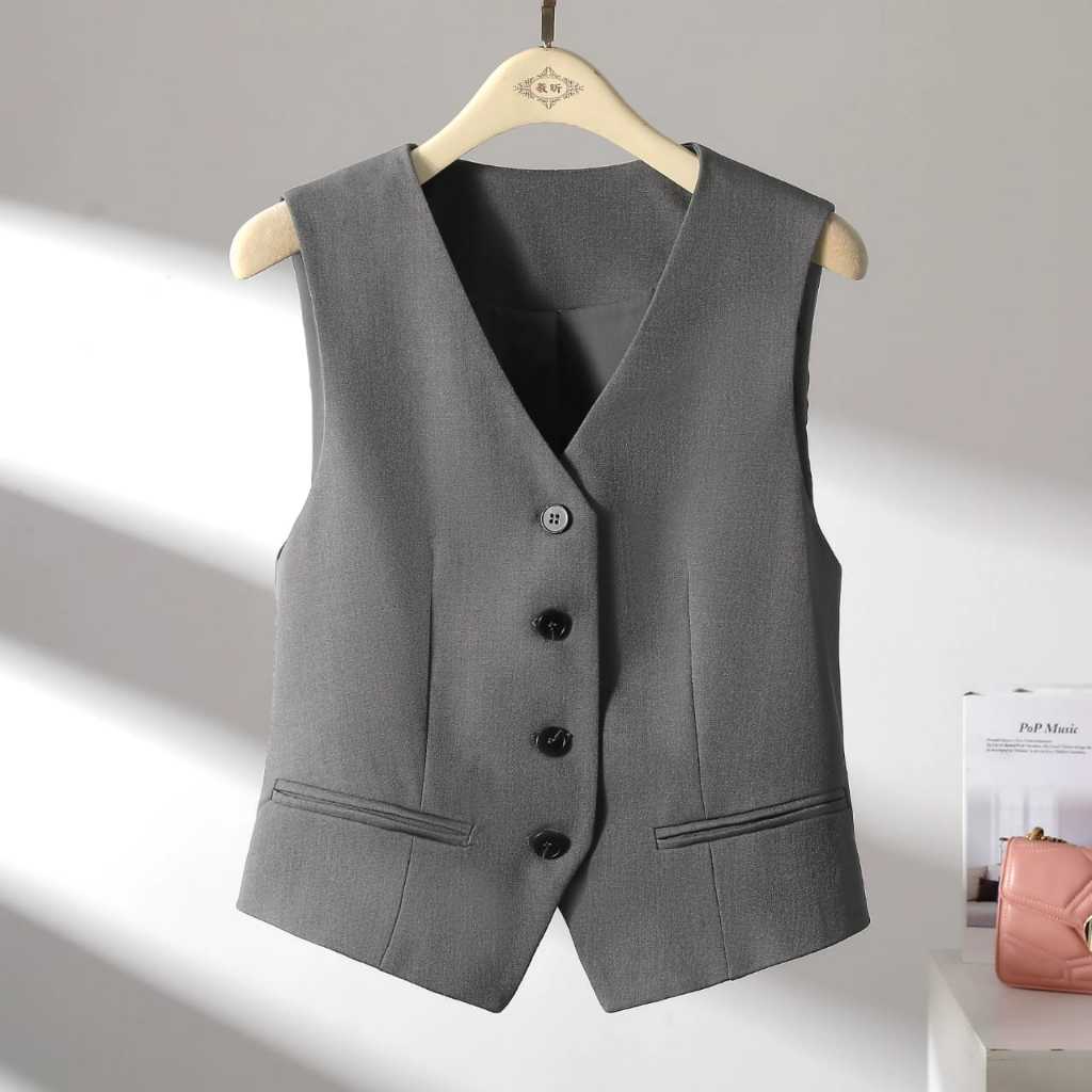 Clothesup Vest Wanita Kancing Premium Motif Abu Abu Hitam Polos | Atasan Rompi Wanita | Outer V-Neck