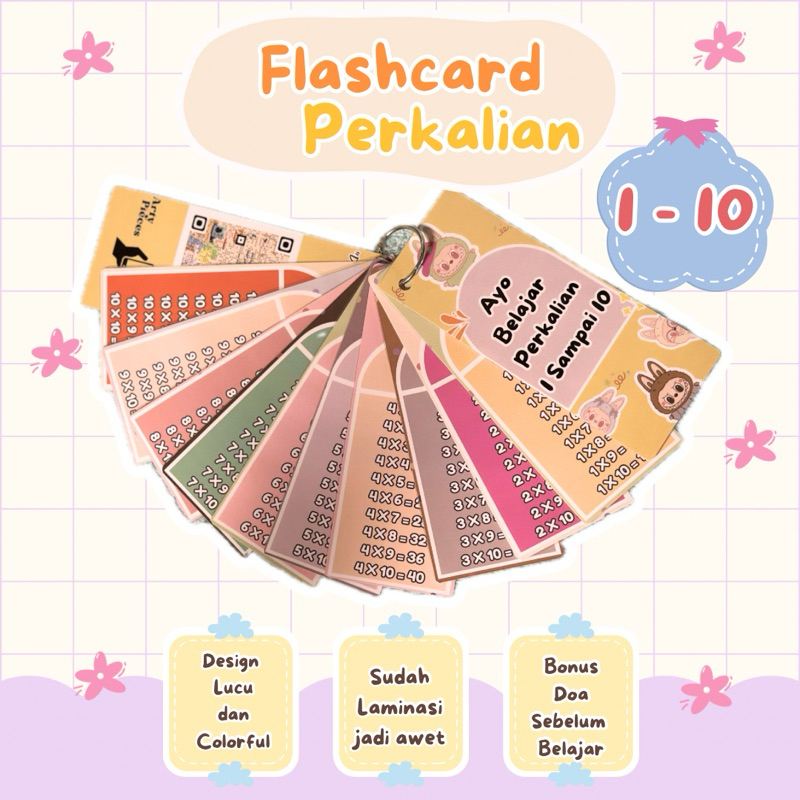 

Flashcard Perkalian 1 Sampai 10 dengan Ring Bonus Video Doa Tema Kucing Beruang Labubu Gudetama MyMelody
