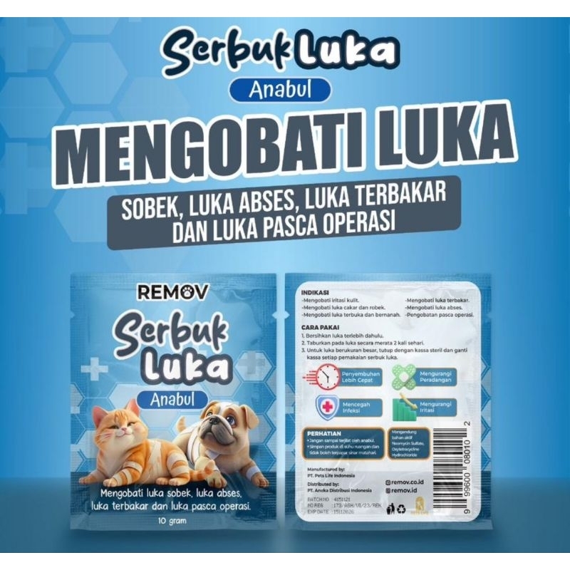 Remov Serbuk Obat Luka Luar Cakar Bernanah Pasca Operasi Antiseptik Antibiotik Kucing Anjing 10gr