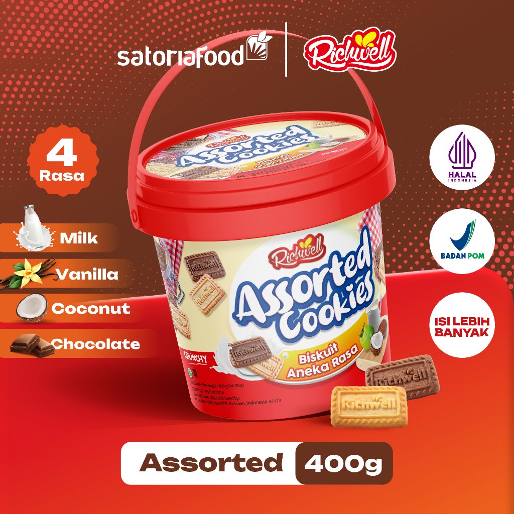 

Richwell Cookies Assorted 400g | Cemilan Snack Biskuit Rasa Coklat Vanila Susu Kelapa kemasan Bucket/ Timba