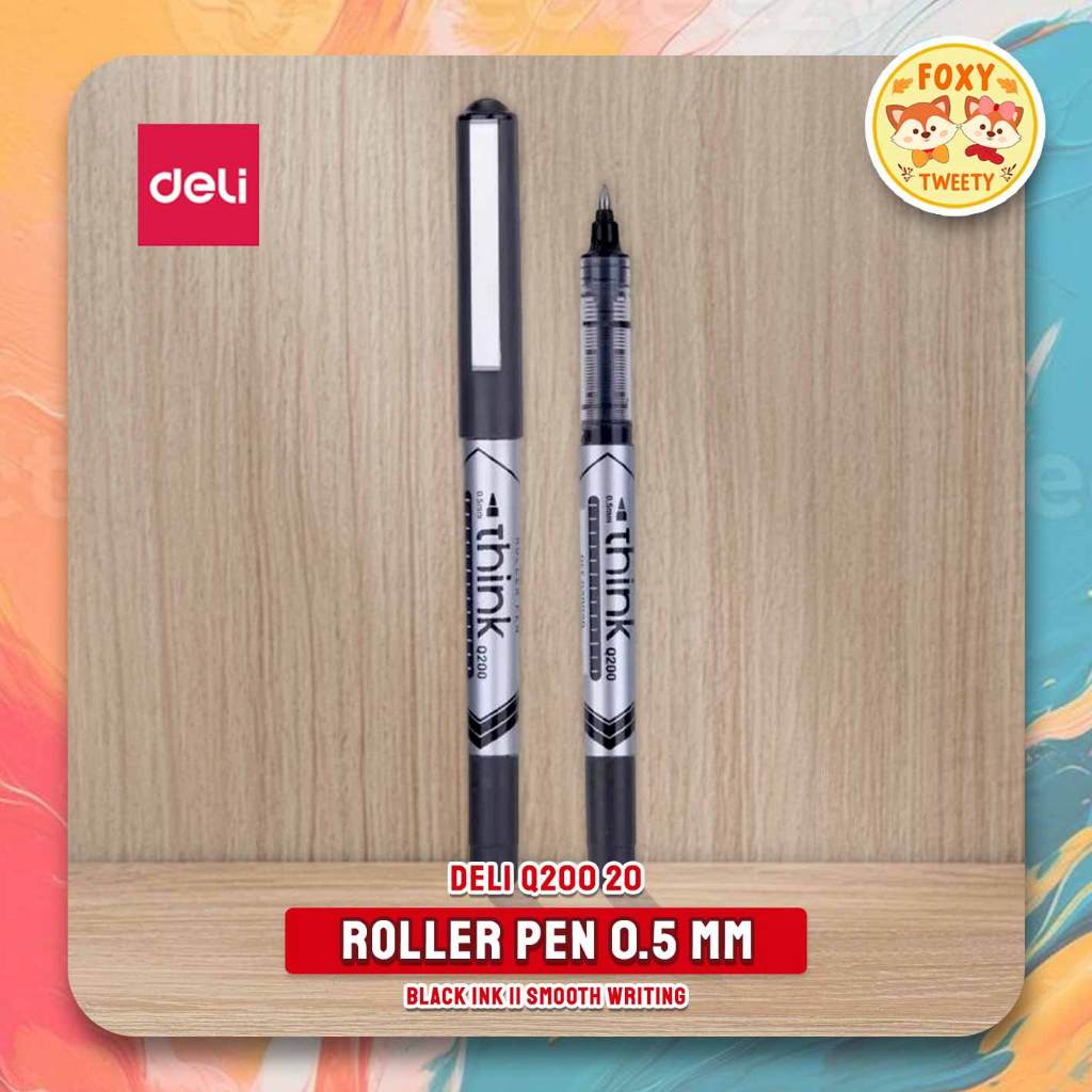 

(1 PCS) Roller Pen Deli Q200 0.5 mm Tinta Hitam / Bolpoin DELI Smooth Writing with Ink Indicator Design