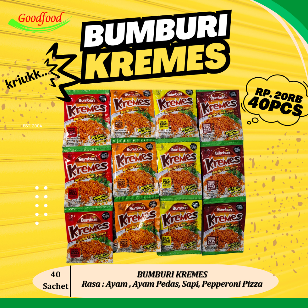 

Bumburi Kremes Paket Mix isi 7gr x 40 sachet 4 varian rasa ayam, sapi, pepperoni pizza, ayam pedas