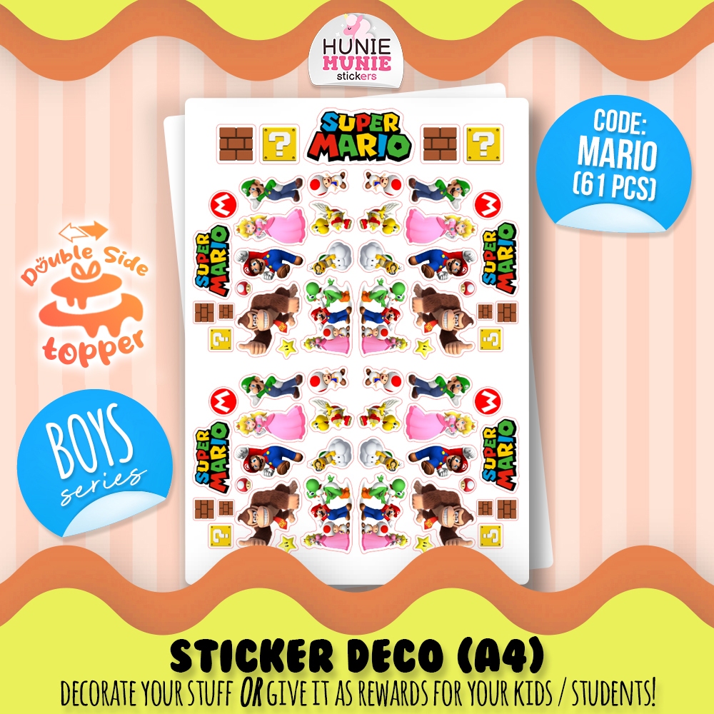 

Sticker Deco - Super Mario Luigi Toad Donkey Kong - BOYS SERIES - Stiker Reward Anak Cake Topper - Hunie Munie