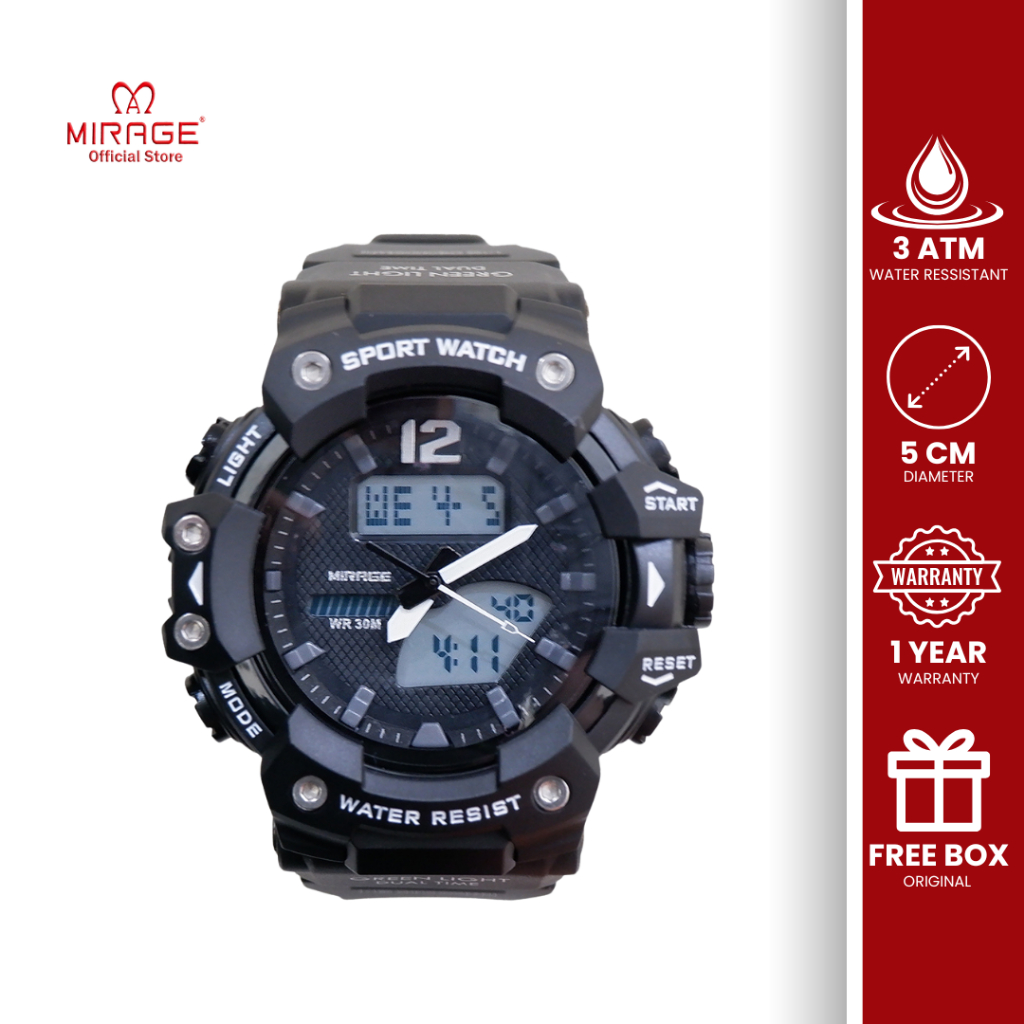 Mirage Digital Analog Jam Tangan Sporty Dual Time Pria Original Hitam Water Resist 3 ATM 1173 M