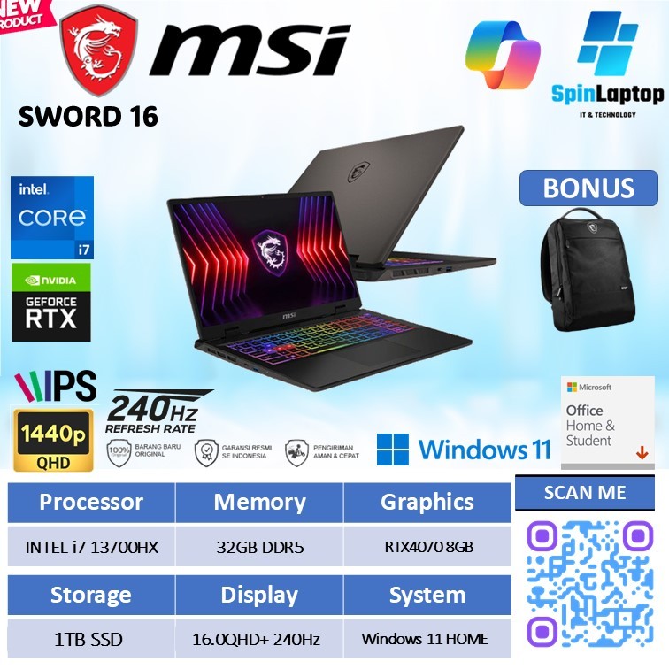 Laptop Gaming MSI Sword 16 HX core i7 13700HX RTX 4070 8GB Ram 32GB ssd 1TB Layar 240hz Resmi