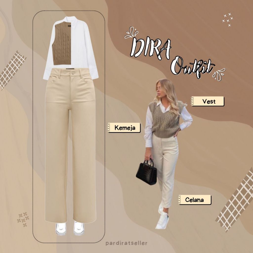 DR 432 - outfit dira kemeja basic polos warna putih vest rompi rajut cream dan celana jennie knit pa