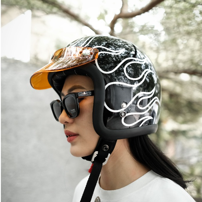 Epic Veil Slim Head EV-500 Open Face Black Flame Pattern List Black Helm Half Face SNI