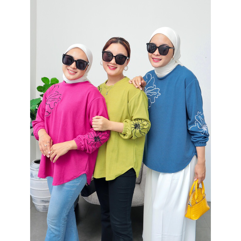 Pakaian Atasan Wanita Knit Rajut Kalisa Bordir Bunga Hitam Lime Fuchia Tosca Oversize Jumbo Bigsize