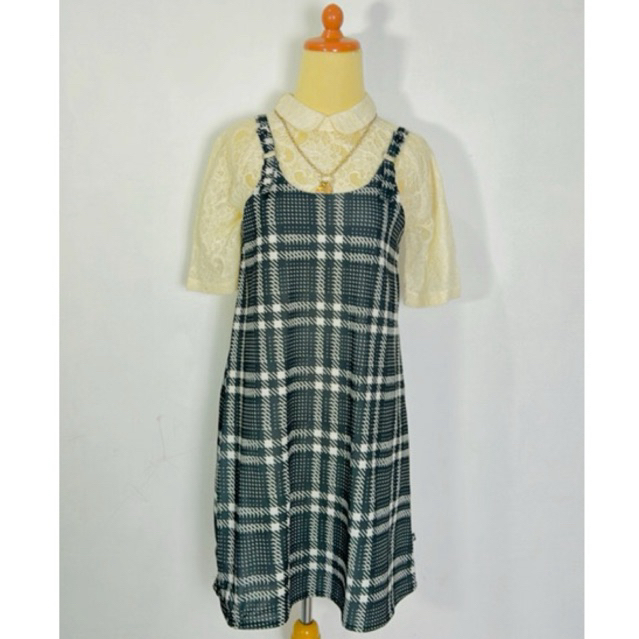 Dress One Set vintage blouse putih white vintage kerah sailor bahan brukat brokat premium dan overal