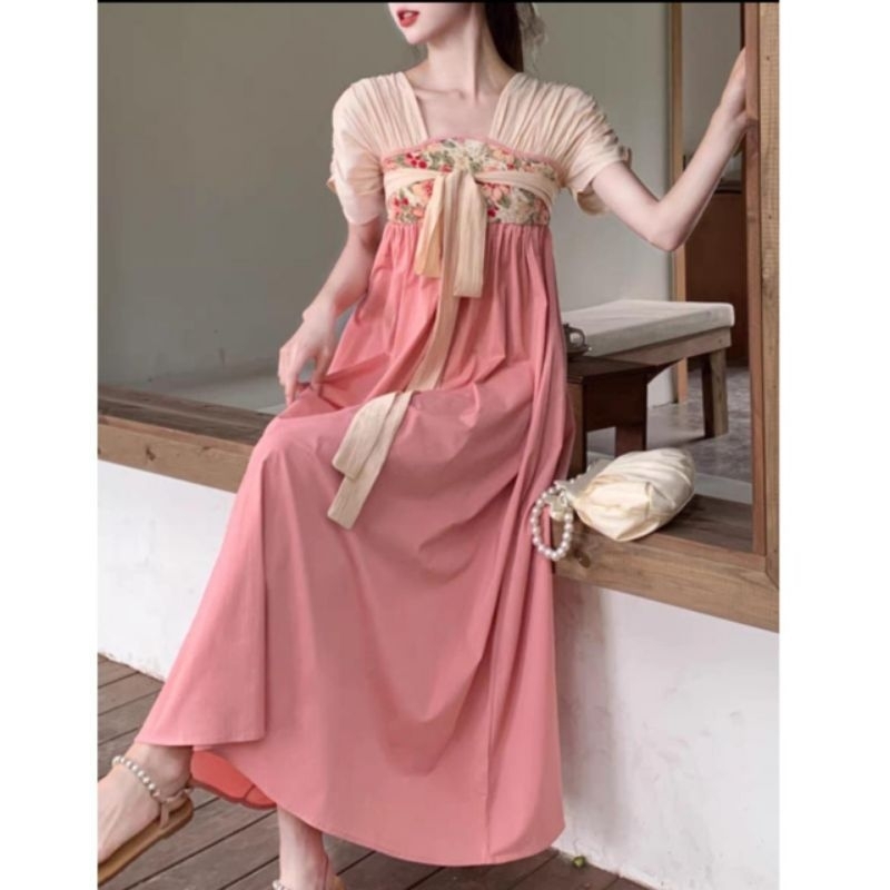 98003 Baju Mididress YUNXI CHEST HIGH HANFU HANBOK MIDI DRESS Pink Korean style wanita premium / baj