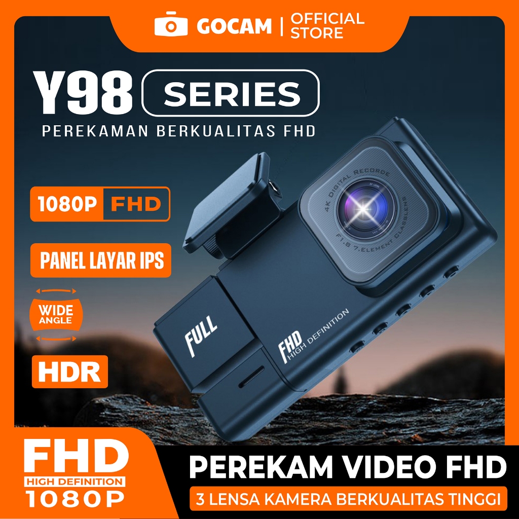 NEW [COD] GOCAM Y98 Dashcam Mobil 3 Camera CCTV Mobil Resolusi 1080p Kamera Depan - Tengah -