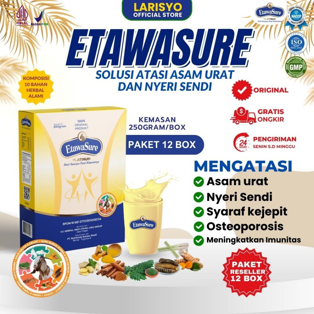 

Etawasure Platinum Susu Kambing Etawa Untuk Pegal Linu, Asam Urat, Nyeri Sendi dan Pernafasan Rasa Jahe Kemasan 250gr Paket 12 Box