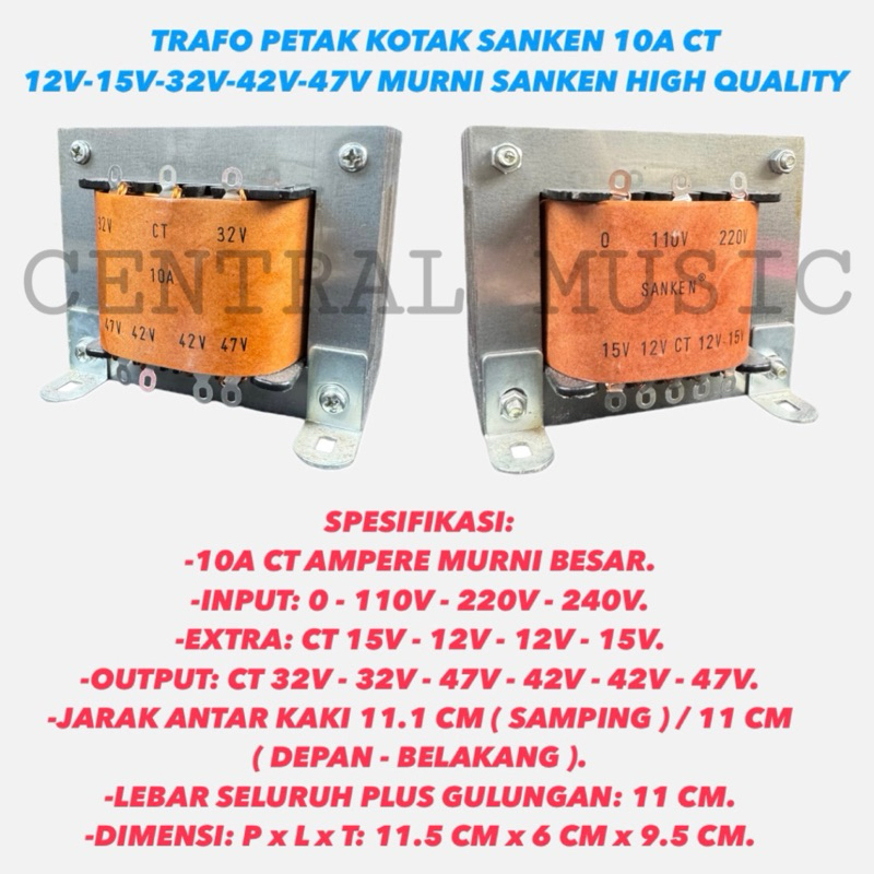 TRAFO PETAK KOTAK SANKEN 10A CT 12V-15V-32V-42V-47V MURNI SANKEN HIGH QUALITY