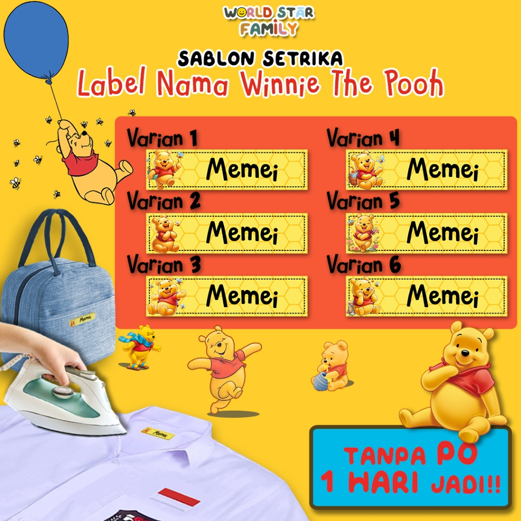 

Wsf Stiker Baju Winnie The Pooh custom stiker nama Disney Pooh Sticker Nama Label Printing Kain kaos Sablon Setrika Isi 29pcs GRATIS Custom Nama Stiker Label DTF Tinggal di setrika