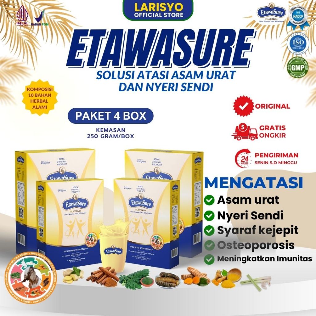 

Etawasure Platinum Susu Kambing Etawa Untuk Nyeri Sendi, Rematik dan Darah Tinggi Rasa Jahe Kemasan 250gr Paket 4 Box