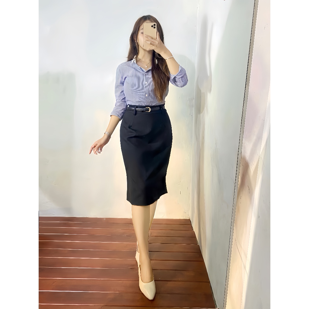 Rok Pendek Span Hitam - Rok Kerja - Rok Formal Polos Midi Sebetis 7/8
