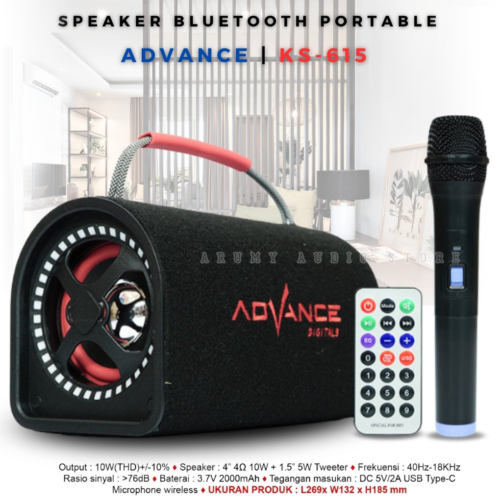 Speaker Bluetooth Portable Advance Ks-615 Gratis Mic Wireless Karaoke Dan Fitur Lampu Led Remote | S