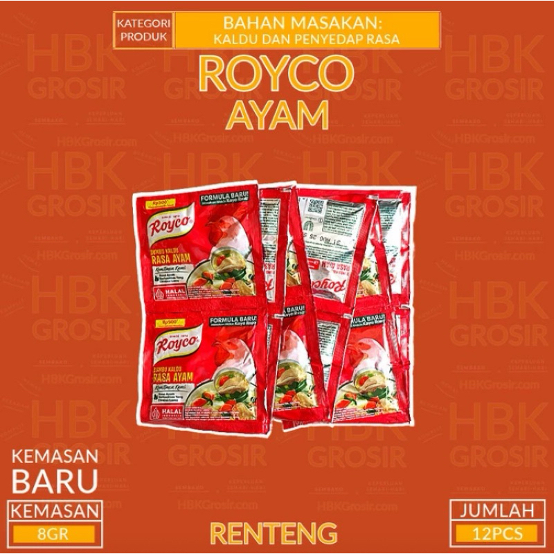 

Royco Bumbu Kaldu Rasa Ayam 8GR RENTENG ISI 12PCS [HBK GROSIR - Hemat Beragam Komplit]