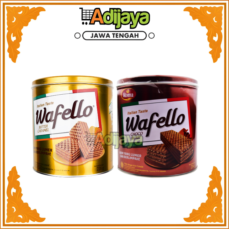 

Roma Wafello Kaleng | Wafello Butter Caramel 228g - Choco Blast 234g | Wafer Coklat Karamel