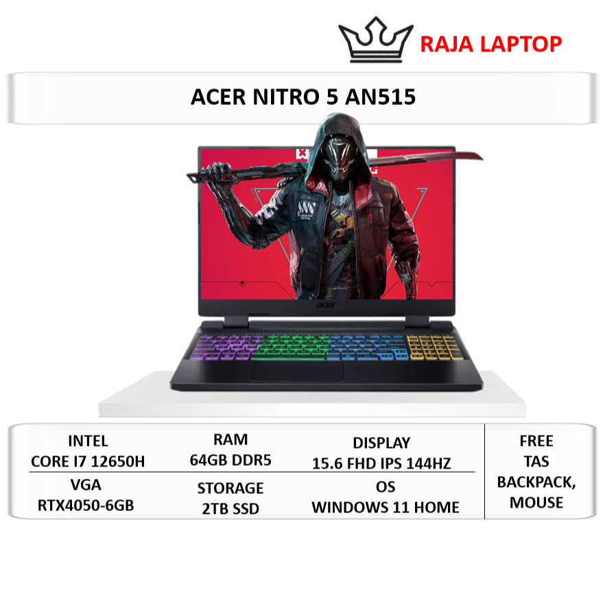 Acer Nitro 5 AN515 Intel i7 12650H 64GB DDR5 2TB SSD RTX4050-6GB 15" FHD IPS 144Hz Windows 11 Home