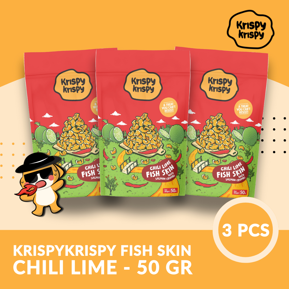 

Krispykrispy - Fish Skin / Kerupuk Kulit Ikan - with Salmon Crumbs - HALAL - rasa Chili Lime (3pcs)