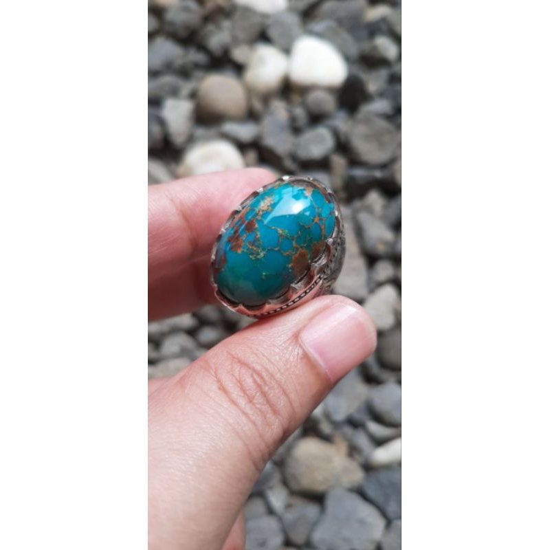 Natural Cincin Pirus Persia Lawasan Hijau Emerald Serat Emas Full Porcelain Kolektor Item