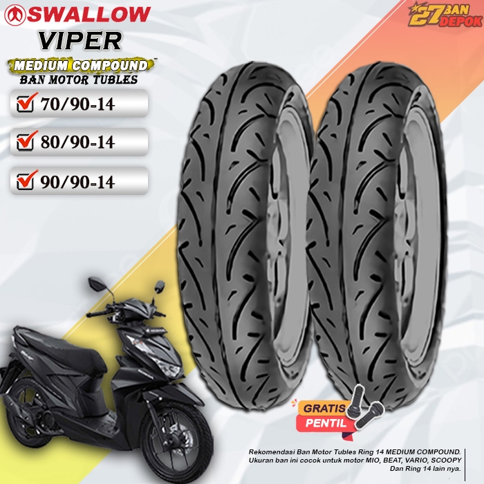 BAN DEPAN BELAKANG TUBLES MOTOR MATIC BEAT VARIO SCOOPY BAN TUBELESS SWALLOW VIPER RING 14 TUBLES
