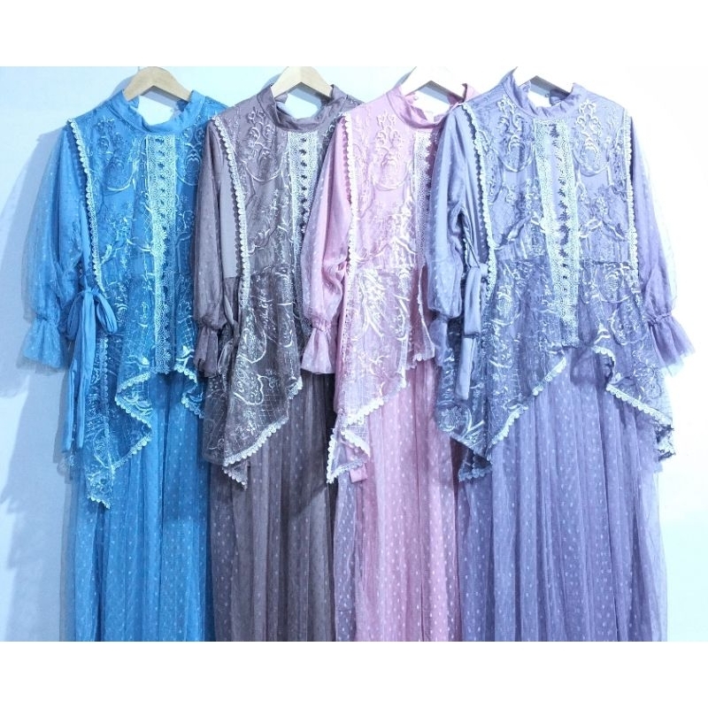 Dress ODETTE BROKAT BORDIR+LENGAN BERKERUT TILE POLKADOT