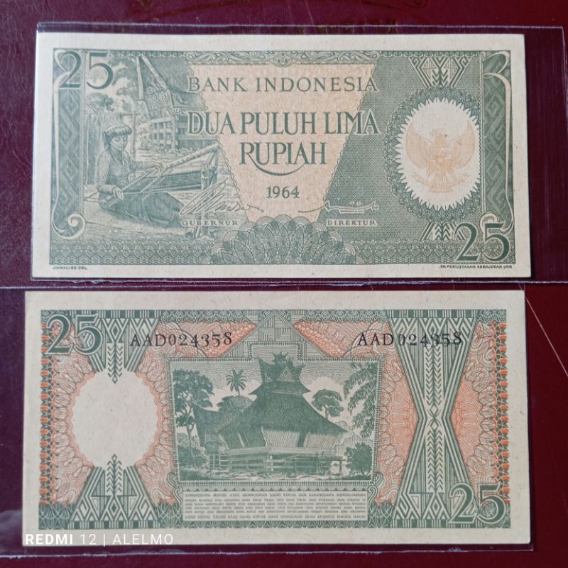 uang kertas 25 rupiah seri pekerja tahun 1964 gres mulus