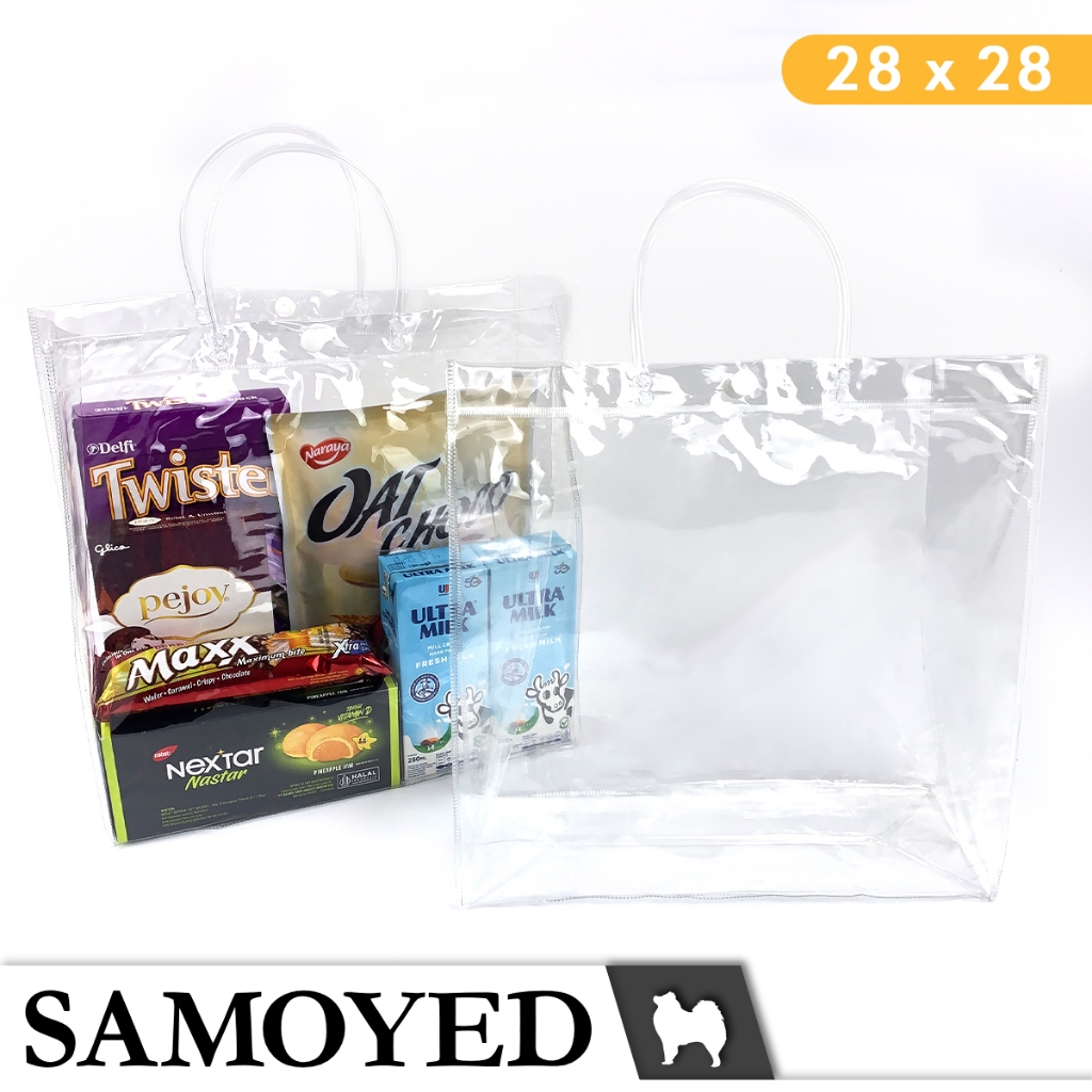 

SAMOYED Tas Plastik Mika Transparan / Hampers / Souvenir / Tote / Goodie Bag PVC Uk. 28 x 28 x 10 cm