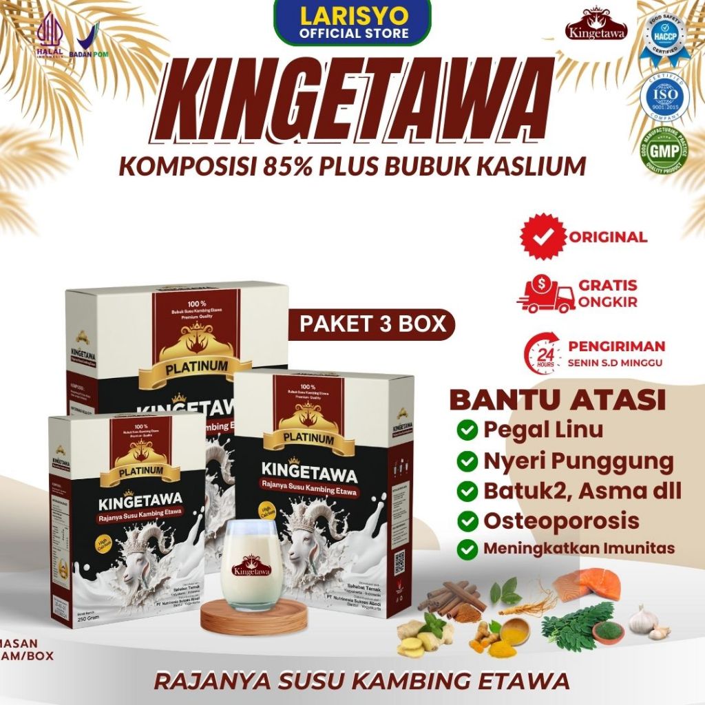 

Kingetawa Susu Kambing Etawa Tinggi Kalsium Untuk Masalah Pengroposan Tulang Kemasan 250gr Paket 3 Box