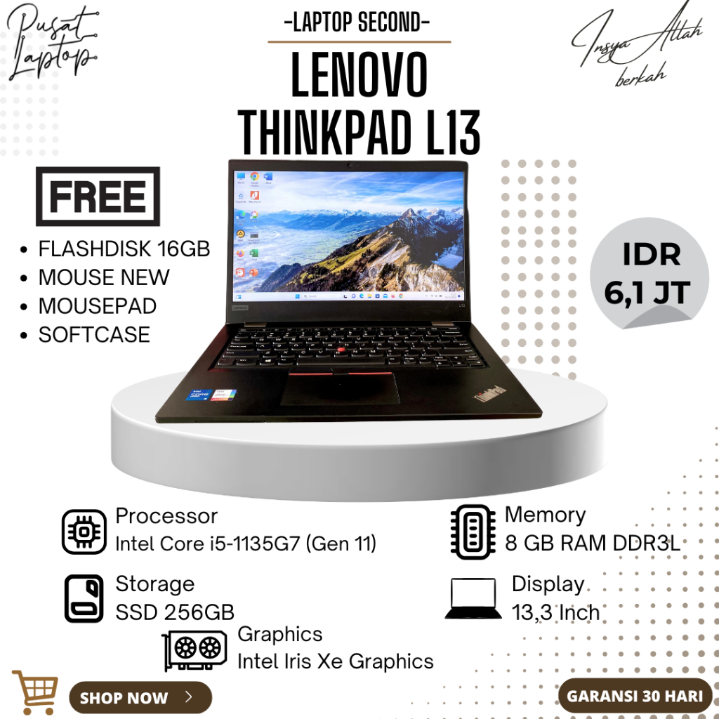 LAPTOP LENOVO L13 | INTEL CORE I5 GEN 11 | RAM 8GB | SSD 256GB | SECOND | BERGARANSI