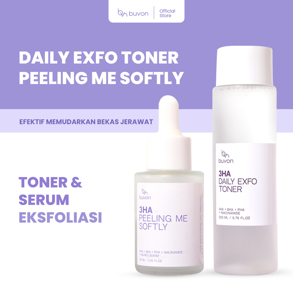 BUVON AHA BHA PHA Daily Exfo Toner & Peeling Solution - Paket Toner & Serum Eksfoliasi Kulit Glowing