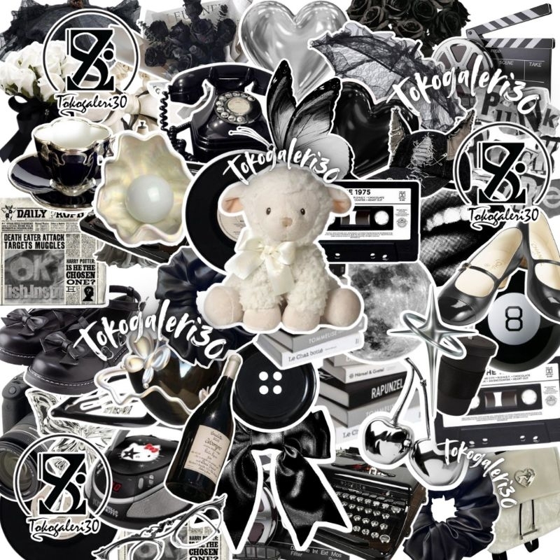 

50 PCS STIKER AESTHETIC BLACK AND WHITE SRIKER LUCU AKSESORIS TUMBRL BINDER JURNAL SUDAH CUTTING