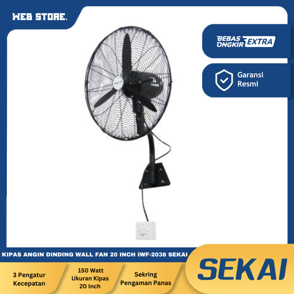 Kipas Angin Dinding Industrial Wall Fan Hitam IWF 2038 IWF-2038 SEKAI