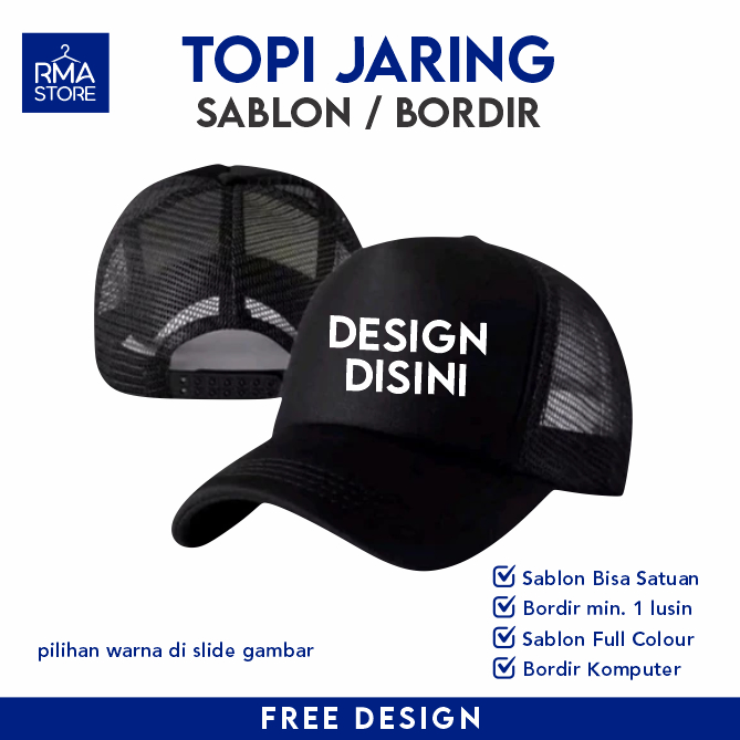 TOPI JARING CUSTOM SABLON/BORDIR SATUAN PREMIUM DESIGN SUKA SUKA