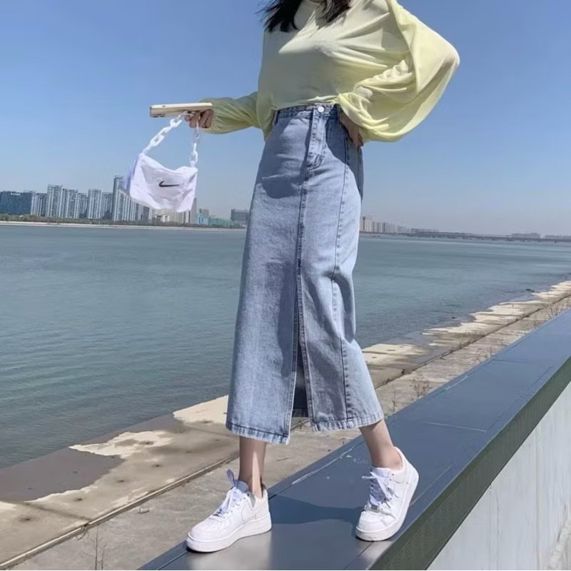 LV ROK JEANS SPLIT ROK SPAN DENIM A-LINE WANITA PANJANG