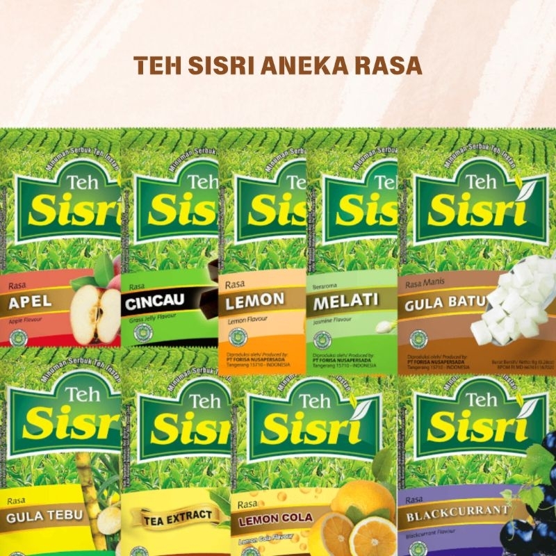 

Teh Sisri Rasa Apel Cincau Lemon Melati Gula Batu Blackcurrant Minuman sachet