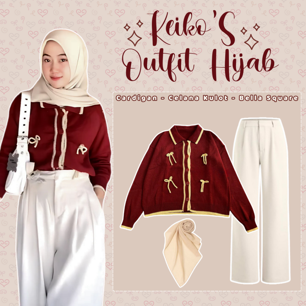 Setelan Wanita One Set 3 in 1 ( Cardigan Pita,Celana Kulot,Jilbab Bella Square ) OOTD Hijab - LS080