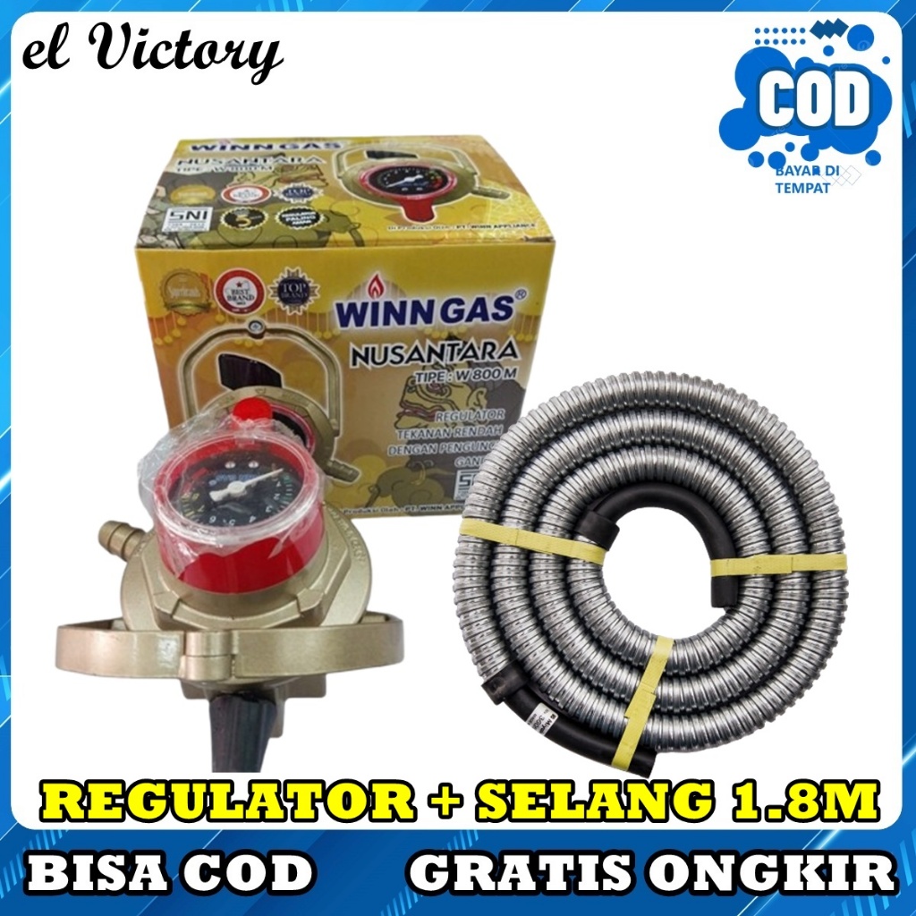 New Regulator WINN GAS Nusantara W800 Meter Gold + Selang Gas 1.8M