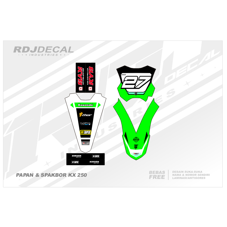 DECAL STICKER PAPAN KX 250F (003) DEKAL STIKER SPAKBOR DEPAN BELAKANG KX 250 F HITAM PUTIH  HIJAU IJ