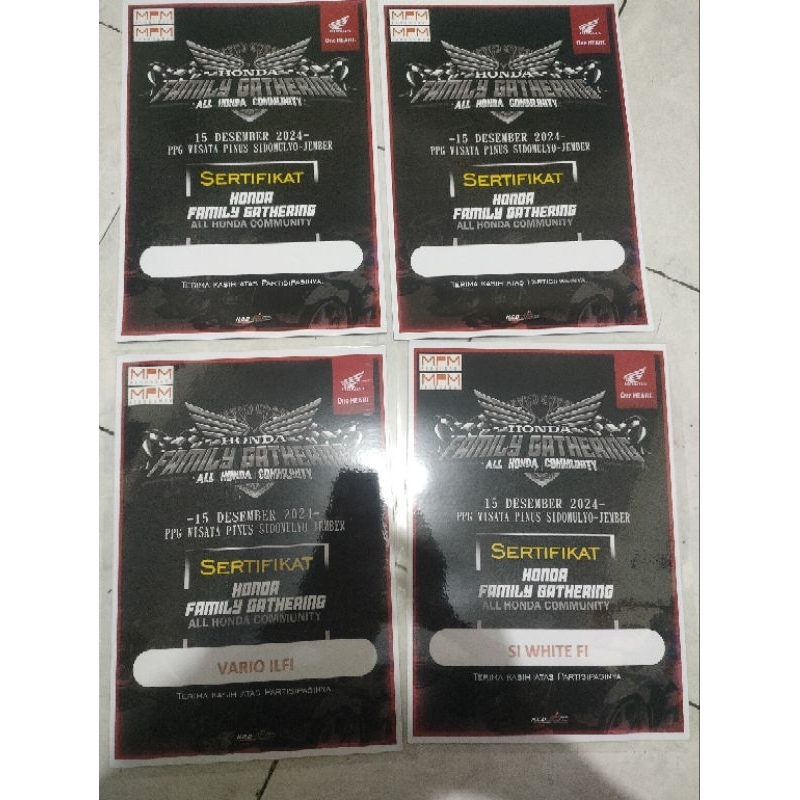 

PIAGAM SERTIFIKAT HONDA FAMILY GATHERING BISA REQUEST NAMA SUDAH LAMINATING