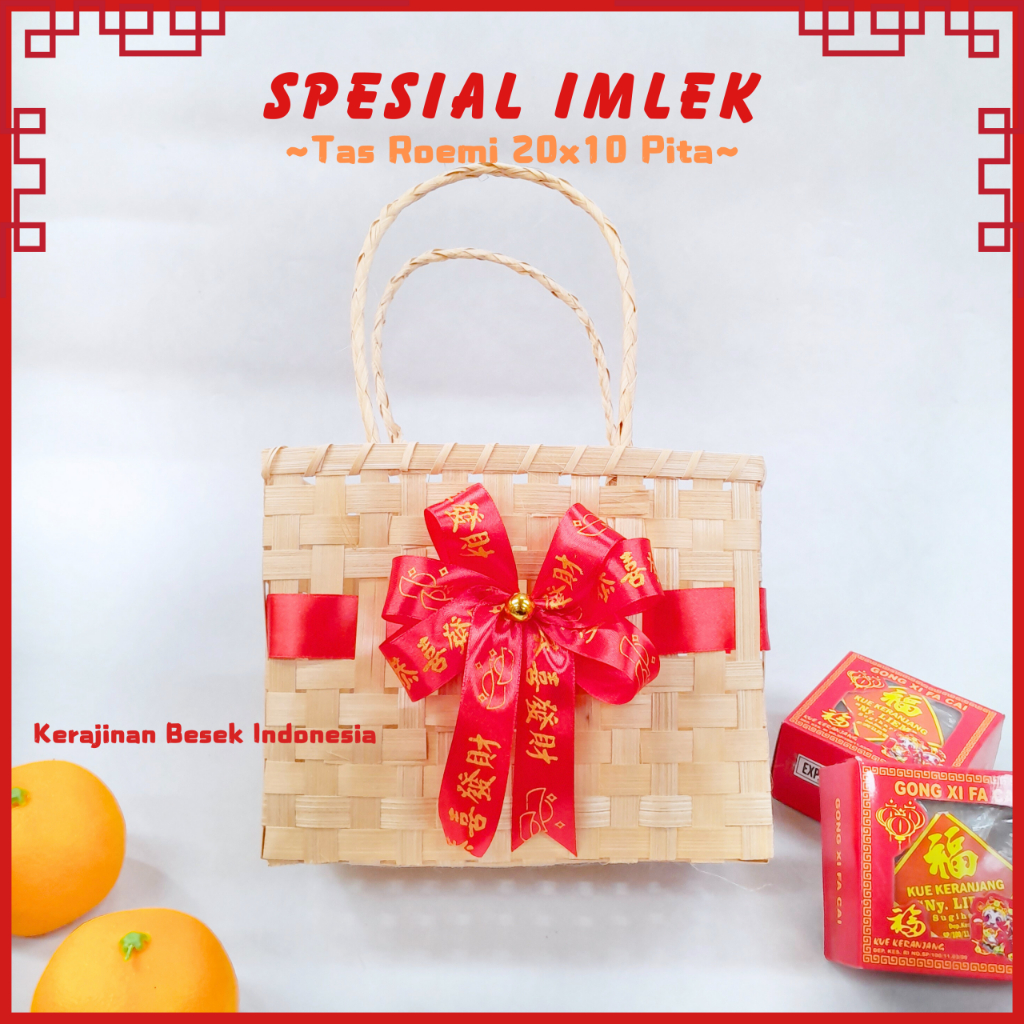 

TAS HAMPERS IMLEK CNY & SANGJIT BANYAK HIASAN Tas roemi 20x10 pita souvenir kue keranjang jeruk mandarin