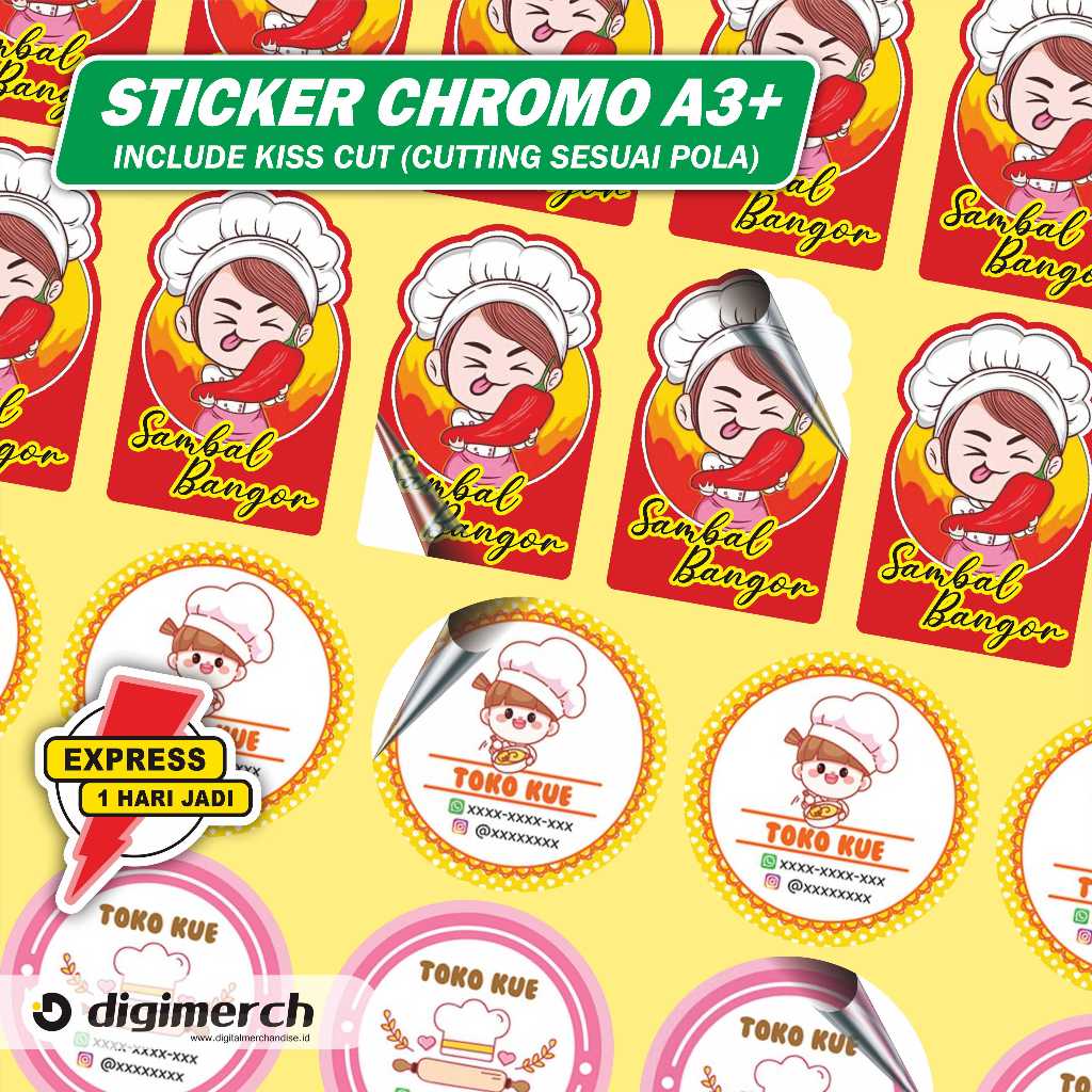 

STIKER LABEL CHROMO A3+ / STIKER KEMASAN LABEL MAKANAN MURAH CUSTOM CUTTING POTONG KISS CUT